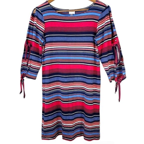 NWOT Cupio Colorful Striped Bodycon Cold Shoulder Dress w/ Tie Sleeves Sz M - Picture 7 of 13
